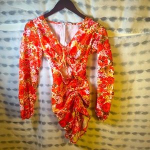 red & Orange Long Sleeve Flower Summer dress Small adjustable